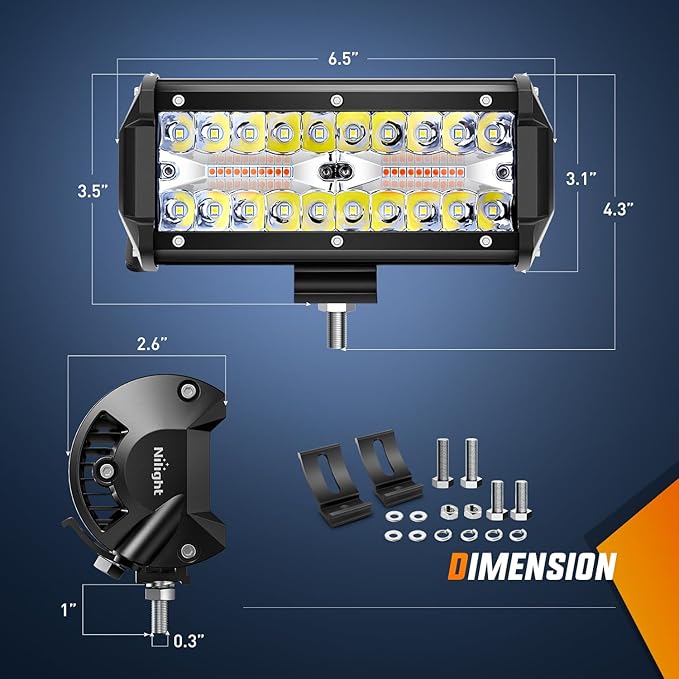 Nilight 6.5Inch Off-Road LED Light Bar, 2PCS 120W 3 Lighting Modes (White/Amber/White&Amber) Driving Fog Light Spot Flood Lights with 18AWG Wiring Harness for Truck Car ATV SUV Jeep Boat