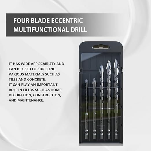 CATITO 5PCS Newly Upgraded Cross Eccentric Drill Bit Set, Hex-Shank Ceramic Tile Drill Bit, Professional Masonry Drill Bit Set, Suitable for Glass/Brick/Plastic/Cement/Wood/Ceramic Tiles/Etc