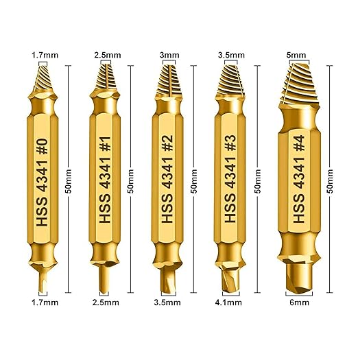 Professional Screw Extractor Set, 5-Piece HSS 4341 Double-Headed Drill Bits, Gold Titanium-Coated Steel, M3-M18 Size Range with Storage Case, for Damaged Screw Removal