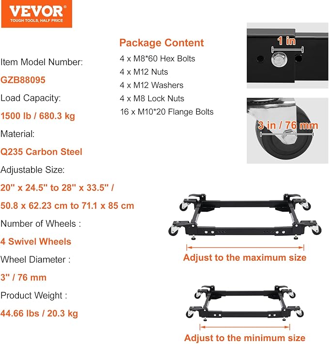 VEVOR Mobile Base, 1500 lbs Capacity, Adjustable from 20" x 24.5" to 28" x 33.5", Heavy Duty Universal Mobile Base Stand with 4 Swivel Wheels, for Woodworking Equipment, Bandsaw, Power Tool, Machine