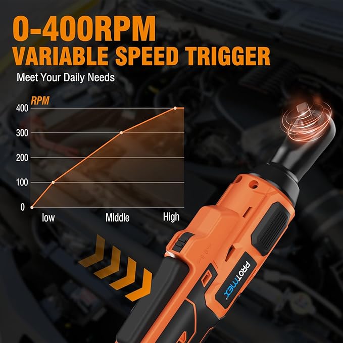 Protmex 74FT-LBS (100N.m) Cordless Ratchet Wrench, 3/8'' Brushless Electric Ratchet with 21V 2.0Ah Battery, 0-400RPM Chargeable Power Ratchet Tool Kit with Variable Speed Trigger