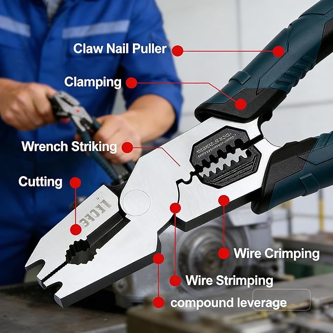 Industrial-Grade Multi-function Cutting Pliers, 9-in-1 Multi-Functional Pliers Nail Puller/Wire Cutter/Stripper/Crimper, Compound Action Leverage Design Industrial CR-V Plier, Tool for Home Repair