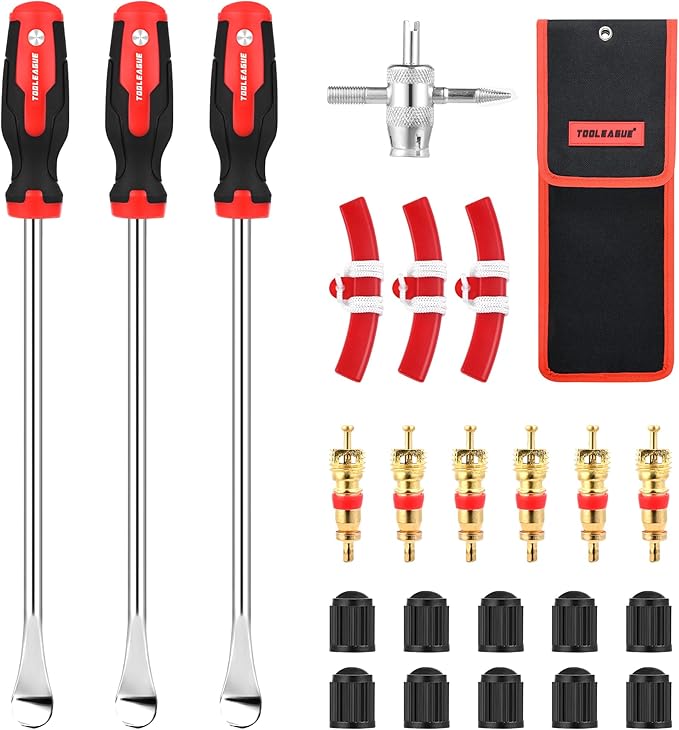 TOOLEAGUE 14.5" Steel Tire Spoon Set, Tire Changer Tool Kit for Motorcycle Dirt Bike Lawn Tractor Bicycle with Rim Protector, Valve Tool, Valve Cores and Caps