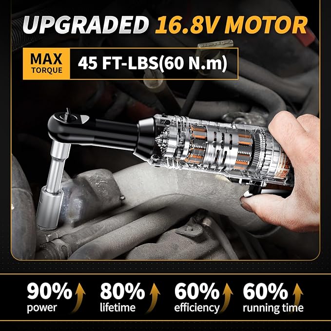 3/8" Cordless Electric Ratchet Wrench Set, 550RPM, 40Ft-lbs, 16.8V Extended Power Ratchet Tool Kit with Variable Speed, 1/4" Adapter, 3" Extension Bar, 2*2.0Ah Battery and Fast Charger(Yellow)