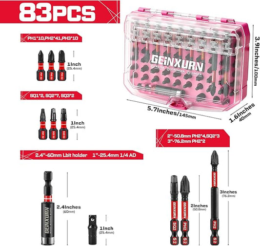83Pieces Impact Screwdriver Bits Set, Magnetic S2 Steel Phillips/Square Insert Power Bits Tips Set with Impact Bit Holder and 1/4?쒾ocket Adapter (Pink Storage Box Case)