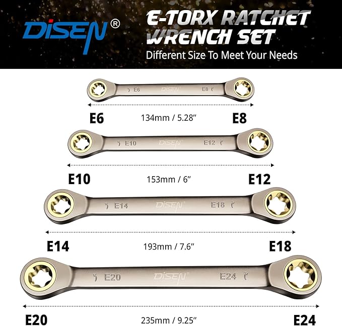 DISEN 2025 Upgraded 4-Piece E-Torx Double Box Ratcheting Wrench Set, 72-Tooth Black Nickel Plated, Dual Head E6E8/E10E12/E14E18/E20E24 with Storage Pouch