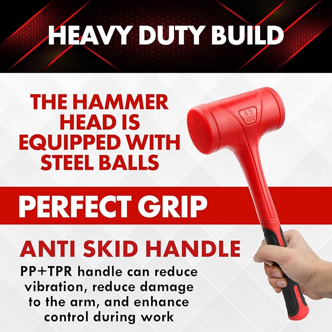 YIYITOOLS Dead Blow Hammer-45oz(3LB), Red and Black, Shockproof Design, No ReboundMallet Machinist Tools Unibody Molded Checkered Grip Spark and Rebound Resistant (YY-3-011)