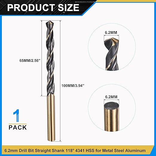 PATIKIL 6.2mm Drill Bit, Jobber Straight Shank 4341 High-Speed Steel 118째 Black and Gold Finish for Medium-Hard Metal Steel Acrylic - 1 Pack