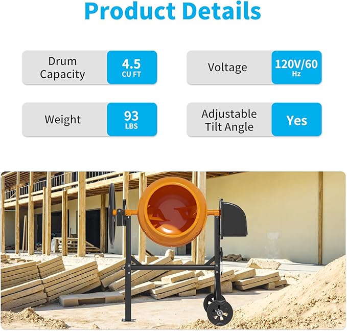 4.5 Cu.Ft. Electric Cement Mixer, 105L Dumb Portable Concrete Mixer with wheel&Stand,120V Mortar For Concreat,Mortar,Feeds and Seeds, Orange