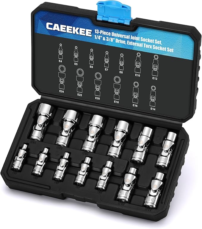 1/4" & 3/8" Drive Universal External Star Socket Set, 13-Piece Universal Joint External Torx Socket Set, CR-V, Storage Case