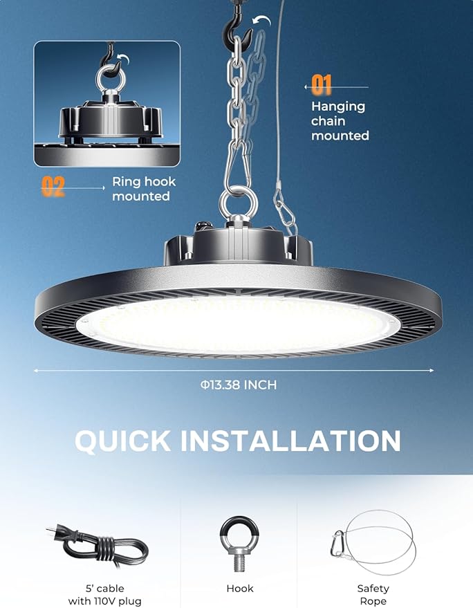 Super Bright 250w UFO LED High Bay Light 35000lm with Plug 5ft Cable (Eqv.1000w Mh/Hps/Hid),5000k High Bay Led Shop Lights Garage Lighting for Garage Factory Workshop Warehouse Barn -6pack