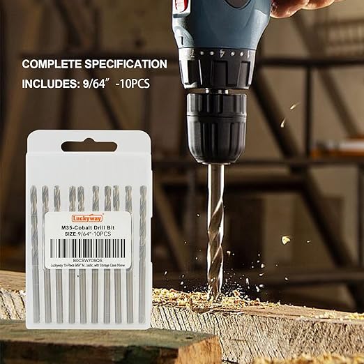 Luckyway 9/64" Cobalt Drill Bit (10 Pcs), Jobber Length Twist Drill Bit Set for Hard Metal, Stainless Steel, Cast Iron, Wood and Plastic, with Storage Case