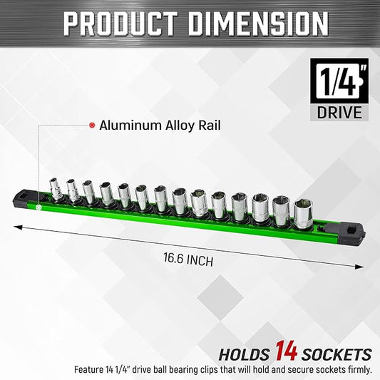 ALOANES 1/4-Inch Drive Magnetic Socket Organizer, Heavy Duty Aluminum Socket Rail Organizer, 360째 Swivel Clips Socket Rail Set For Sockets Storage, 1/4-Inch Socket Holder x 14 Clips (Green)