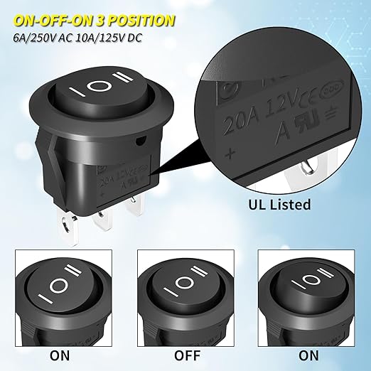Joinfworld 3 Way Round Rocker Switch 12V, Waterproof 3 Pin 3 Position ON/Off/ON 6A/250V AC 10A/125V DC SPDT Circle Toggle Switch with Wires for Auto Car Marine Boat - 8Pack