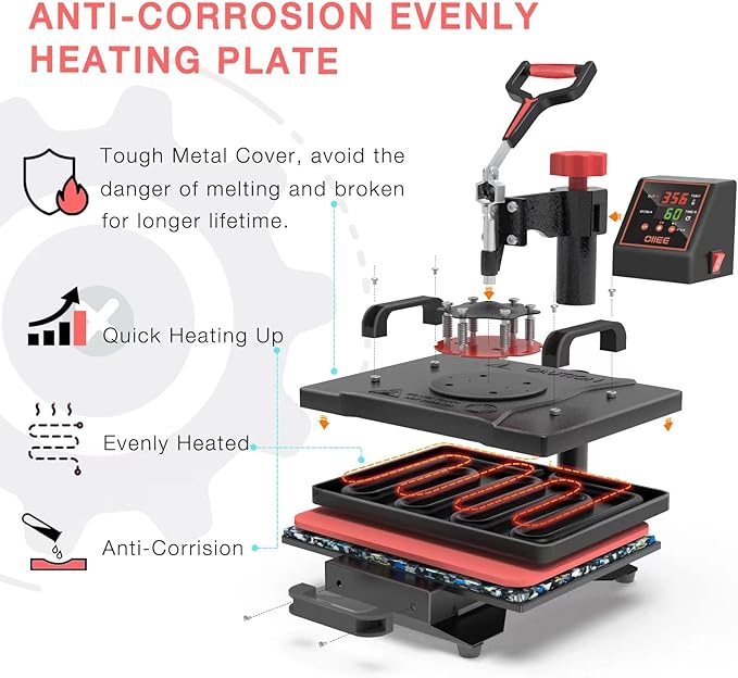 OIIEE Heat Press Machine 5 in 1 Combo Heat Press 12 x 15 Inch Heat Transfer Machine 360-Degree Swing Away Digital Shirt Printing Multifunction Heat Transfer Sublimation for T Shirts Mugs Hat Plate Cap