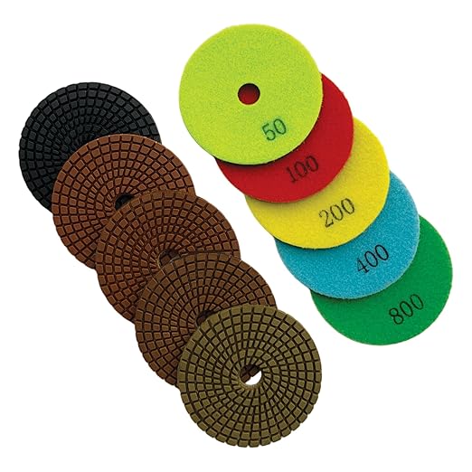5" Wet Diamond Polishing Pads Set (50, 100, 200, 400, 800 Grit) - Dark Resin for Granite, Marble, Quartz, Engineered Stone