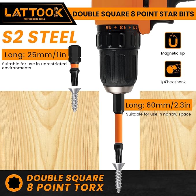 Double Square 8 Point Star Bit Set, LATTOOK 17PCS 8 Point Torx Bits 2 Square Drive Bits, Magnetic S2 Steel Torx Bit Set, 2.3'' & 1'' Long, #1, #2, #3