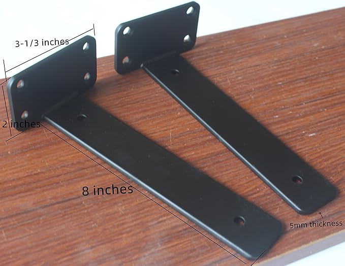6 Pack - 8 inch Black Hidden L Shelf Bracket (1/5 Inch Thicked) Iron Floating Shelf Brackets Rustic Industrial Metal Brackets for Shelf Support