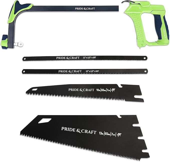 PRIDE&CRAFT 4 In 1 Hand Saw with 4pc Blades Quick Change, Includes Drywall/Metal/Wood/Plastic Saw Blade, Work Glove, Soft and Non-Slip Handle, Fine Cut Hacksaw for Cutting Wood Metal PVC Wallboard