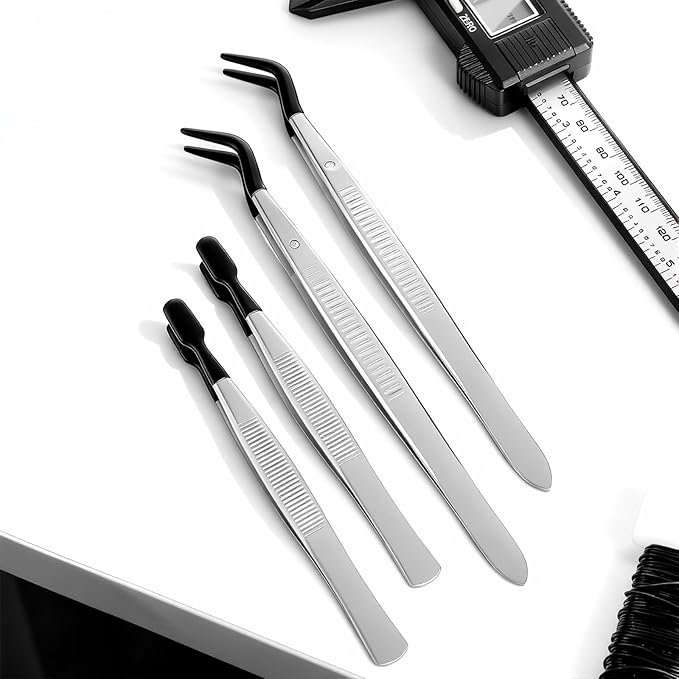 4Pcs Bead Jewelry Tweezer Forceps Rubber Tipped Tweezers Flat and Bent Silicone Tipped Forceps for Crafting Stamps Tongs Lab Industrial