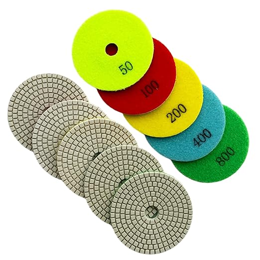 4" Wet Diamond Polishing Pads Set (50, 100, 200, 400, 800 Grit) - White Resin for Granite, Marble, Quartz, Engineered Stone