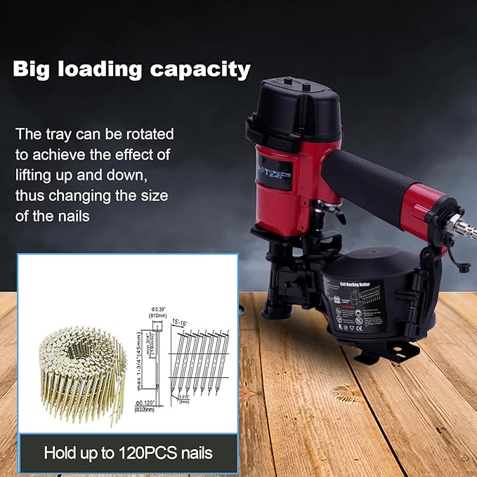 BHTOP CN45N Roofing Nailer, 15 Degree Roofing Nail Gun, 3/4-Inch to 1-3/4-Inch Coil Nails, 120-pcs Load Capacity Coil Nailer in Red