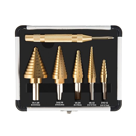 ZELCAN HSS 5PCS Titanium Step Drill Bit Set with Automatic Center Punch for Sheet Metal with Aluminum Case, 50 Sizes in 5 High Speed Multiple Hole Stepped Up Steel Bits for DIY Lovers