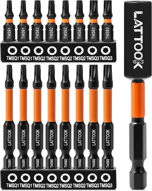 Double Square 8 Point Star Bit Set, LATTOOK 17PCS 8 Point Torx Bits 2 Square Drive Bits, Magnetic S2 Steel Torx Bit Set, 2.3'' & 1'' Long, #1, #2, #3
