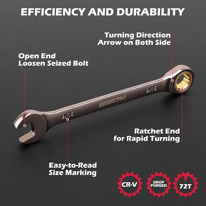 Premium 12-Piece SAE Ratchet Wrenches Set with Magnetic Organizer 1/4"-7/8", 72-Tooth Ratcheting Wrench Set, Cr-V Steel Ratchet Combination Wrench Set for Automotive, Machine Repair