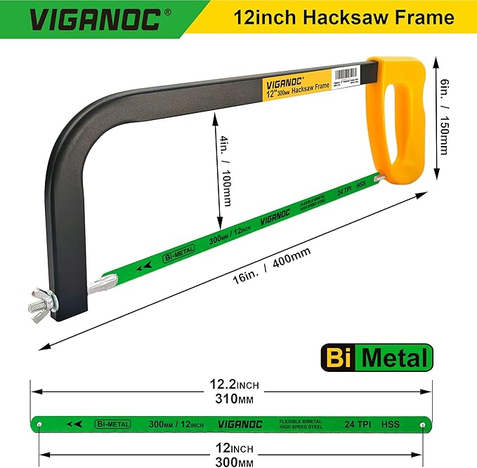 300mm/12inch Hacksaw Frame with 24 TPI Bi-metal Blade, High-Tension Hand Saw Suitable for Aluminum, PVC Piepes, Wood, Copper Pipes