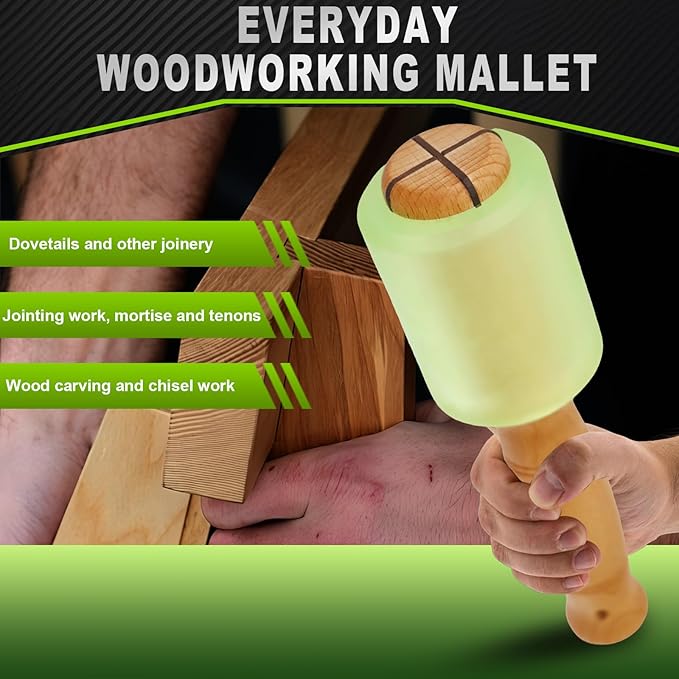 Wood Carving Mallet 12 oz - Non-Slip Woodworking Hammer for Chisels, Gouges & Carving Tools, Light Green Urethane Head