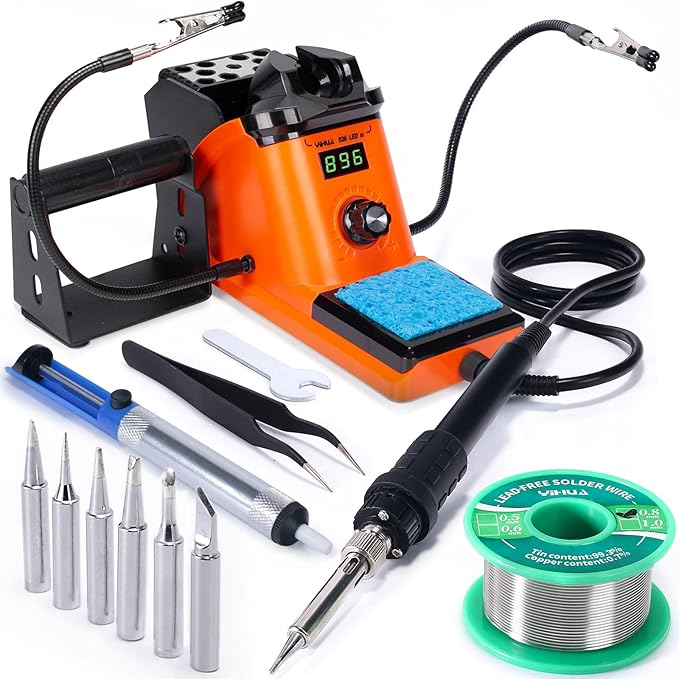 YIHUA 926 III 60W LED Display Soldering Iron Station Kit w 2 Helping Hands, 6 Extra Iron Tips, Roll of Lead-Free Solder, Solder Sucker, S/S Tweezers, 째C/쨘F Conversion, Auto Sleep & Calibration Support