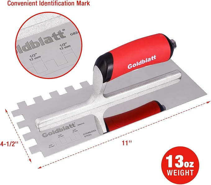 Goldblatt 1/2" Square Notch Trowel, Made of Premium Stainless Steel with Soft Grip Handle, Perfect Tool for Cement, Concrete, Masonry Tile Installation Work