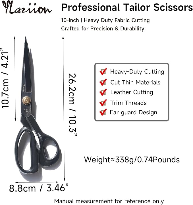 YLaziion 10-Inch Professional Tailor Scissors, Heavy-Duty Fabric Scissors with Ear-Guard Handle for Precision Cut ??Manganese Steel Dressmaking Shears with Rust-Resistant Finish, 0.74LB Right-Handed