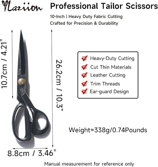 YLaziion 10-Inch Professional Tailor Scissors, Heavy-Duty Fabric Scissors with Ear-Guard Handle for Precision Cut ??Manganese Steel Dressmaking Shears with Rust-Resistant Finish, 0.74LB Right-Handed