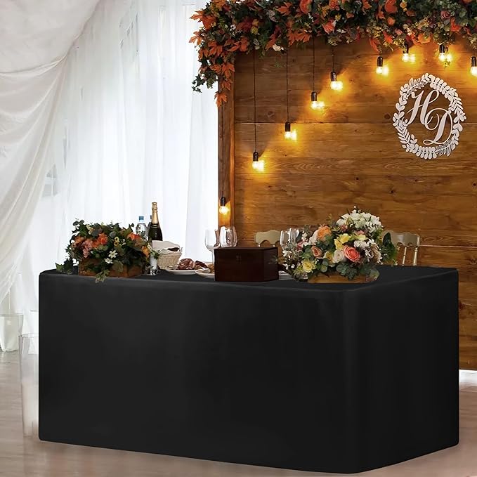HolidayIdeas Fitted Black Tableclothes - 96 x 30 Inch - 2 Pack Rectangle Tablecloths for 8 Foot Tables, Polyester Fabric Table Covers for Parties, Trade Show, Birthday