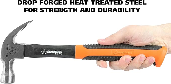 GreatNeck HG16C 16 Oz. Fiberglass Curved Claw Hammer, Household & Industrial Construction Hammer, Drive & Pry Nails, Frame a Home Addition, Fix a Leaky Roof, & More, Rugged Fiberglass Handle