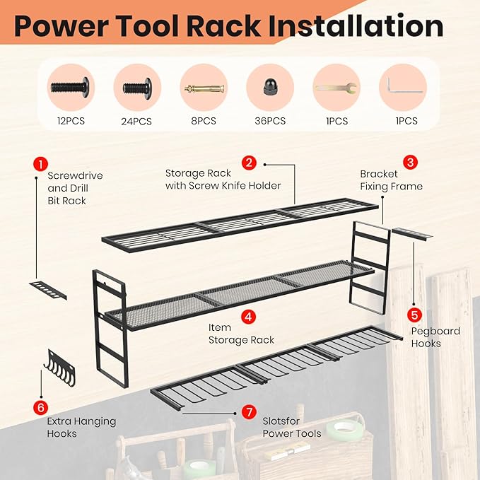 SINTIKI 49'' Large Power Tool Organizer Wall Mount, 4 Layer Tool Storage Rack Loads 600 LBS, Utility Racks for Garage Organization, Gift for Men