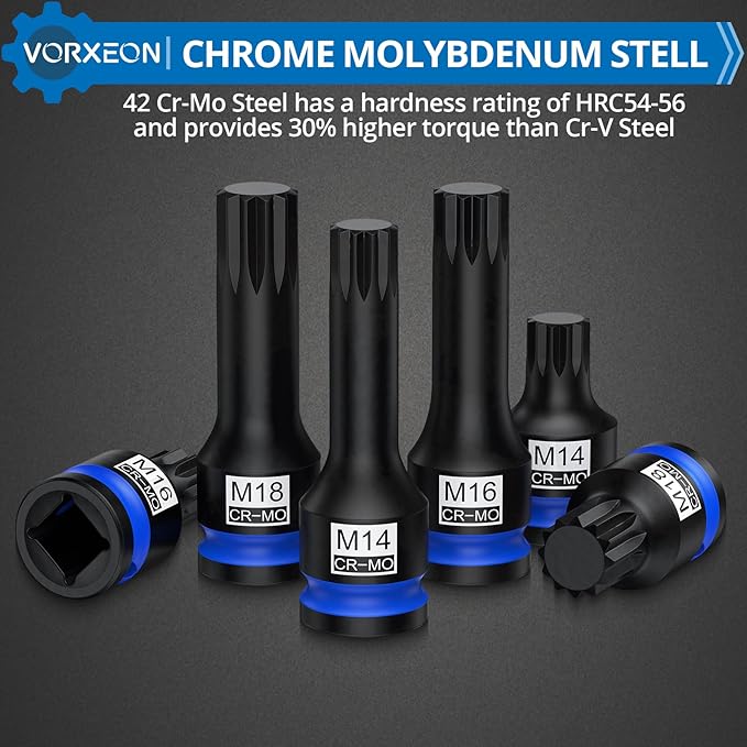 1/2" Drive Triple Square Spline Impact Bit Sockets Long and Short Combinations Set, 6 Pcs XZN Socket 42 Cr-Mo M14 M16 M18 With Storage Case