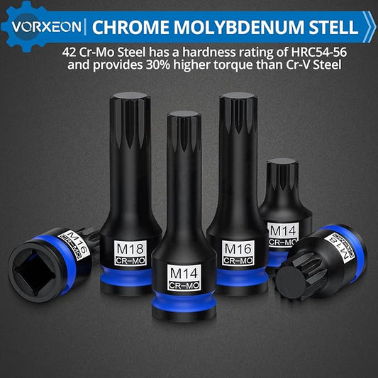 1/2" Drive Triple Square Spline Impact Bit Sockets Long and Short Combinations Set, 6 Pcs XZN Socket 42 Cr-Mo M14 M16 M18 With Storage Case
