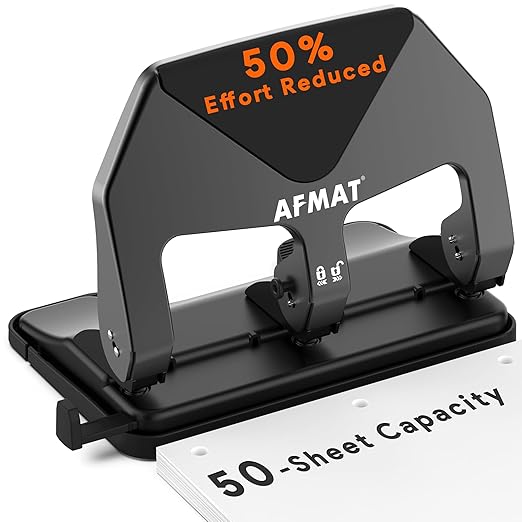 AFMAT Heavy Duty 3 Hole Punch, 50-Sheet Capacity, 50% Reduced Effort Three Hole Puncher for Binder, 10K+ Uses, Large Chip Tray, Adjustable Paper Guide, Office Metal Paper Puncher 3 Ring HP20(Black)