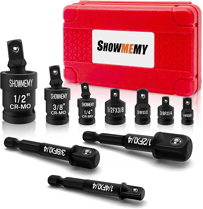Swivel Socket Set, 10 Pcs Impact Swivel Socket Set with 3 Pcs Impact Socket Adapter, and 4 Pcs Reducer Set(1/2" to 3/8"), Cr-Mo Steel, 1/4-Inch, 3/8-Inch, 1/2-Inch Drive/Adapter