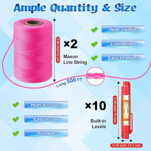 2 Pack #18 500 ft Mason Line String & 10 Pack Built-in Levels, String Level Line Kit for DIY, Gardening Work, Construction Twine Outdoor Projects Layout Brick Working(Fluorescent Pink)