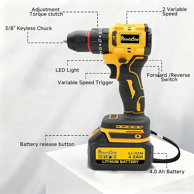 Cordless Drill Set, Power Drill Tool Set 20V, 3/8-Inch Keyless Chuck Drill Gun,Variable Speed (Equipped with two 4000mAh batteries)