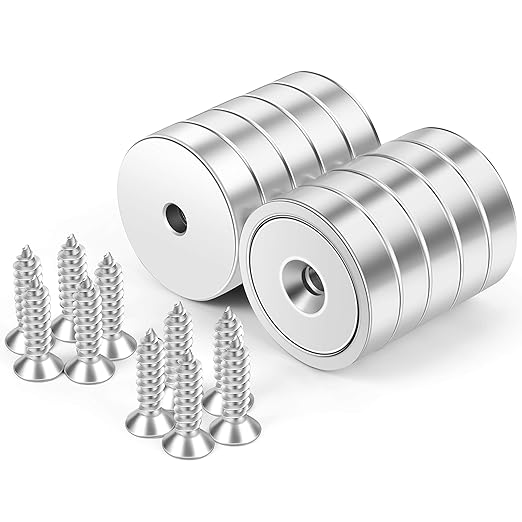 Neosmuk Magnets with Screws,60lbs+ Heavy Duty Rare Earth Neodymium Mounting Magnets with Holes, Countersunk Round Disc Industrial Magnets for Wall Mounting, 10 Pack
