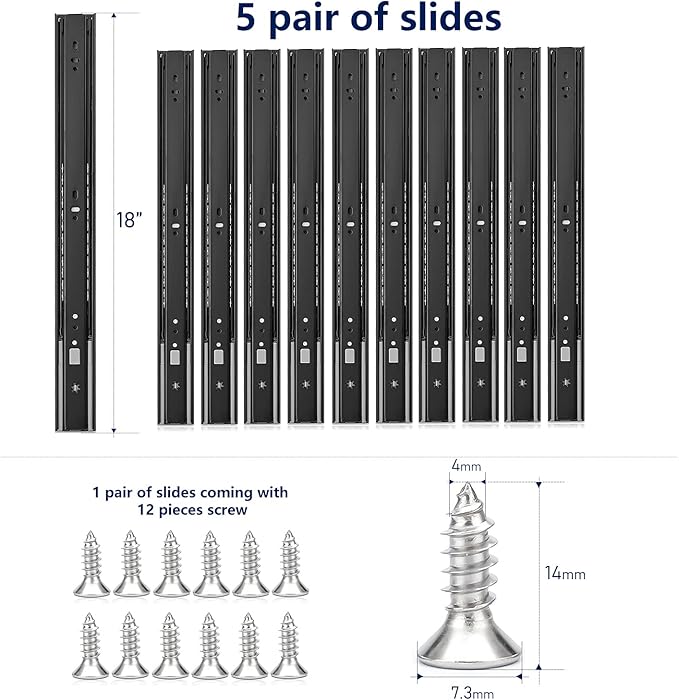 Ravinte 18 Inch Soft Close Drawer Slides 5 Pairs 10 Pack Black Full Extension Ball Bearing Drawer Glide Side Mount