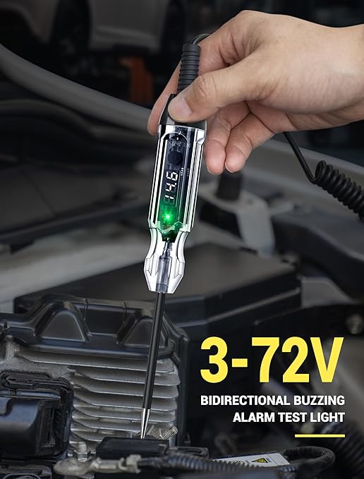 Upgraded 3-72V Buzzer Automotive Test Light, Heavy Duty Digital LED Circuit Tester with Voltmeter and Dual Color Polarity Indicate Light, Bidirectional DC Voltage Tester Electric Light Test Pen
