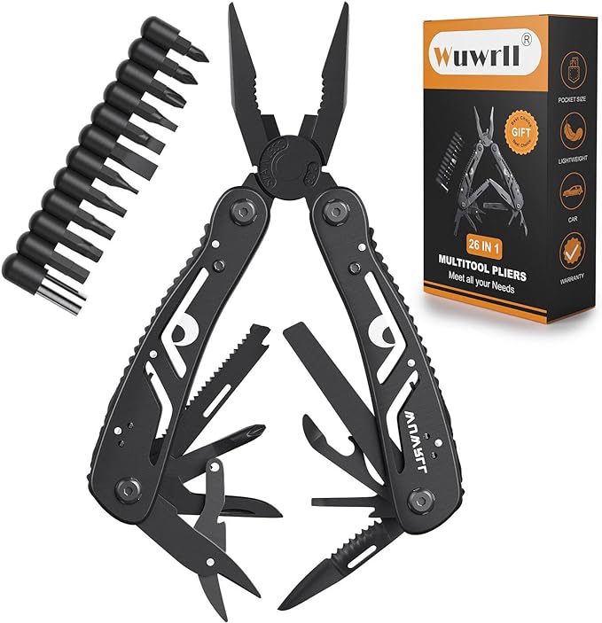 26-in-1 Multitool竊똏rofessional Stainless Steel Multi Tools 竊똌ultitool Pliers Pliers Pocket Knife with Heavy Duty Screwdriver Sleeve, Replaceable Bits Multitools for Outdoor, (black)