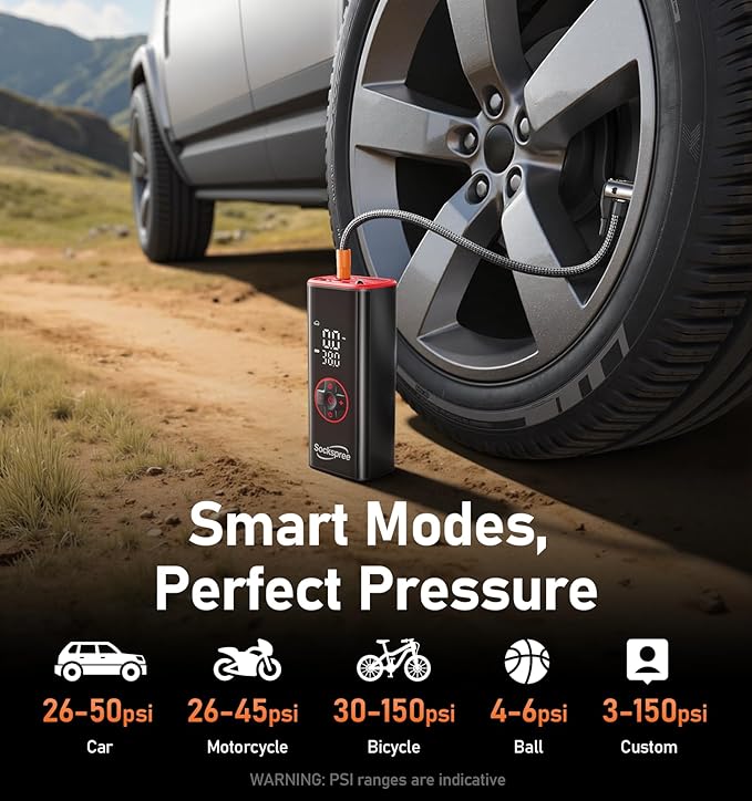Tire Inflator Portable Air Compressor 5 in 1 Cordless Smart Pump with Tire Pressure Gauge 150PSI and LED Lights for Cars Bikes Motorcycle Balls Custom Mode Inflatables Red Black