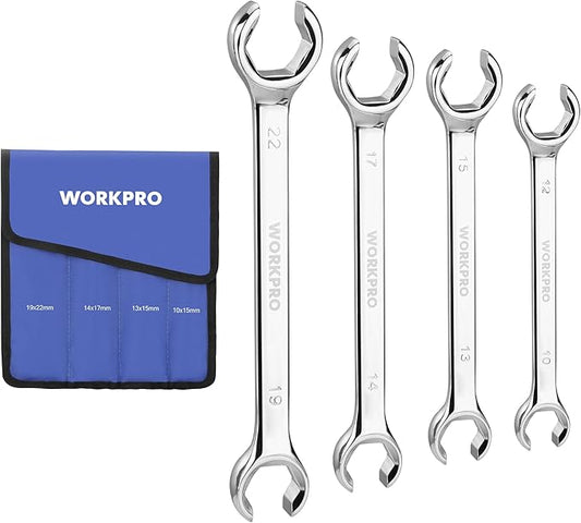 WORKPRO 4-Piece Flare Nut Wrench Set, Metric Brake Line Wrenches 10, 12, 13, 14, 15, 17, 19, 22mm, Cr-V Steel, 15째 Offset Head Tubing Wrench, Organizer Pouch Included